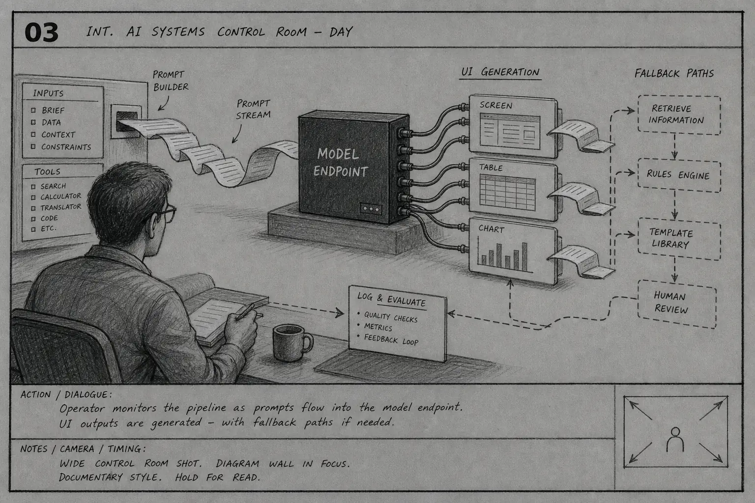 Storyboard frame of an AI workflow control room with human operator and fallback paths