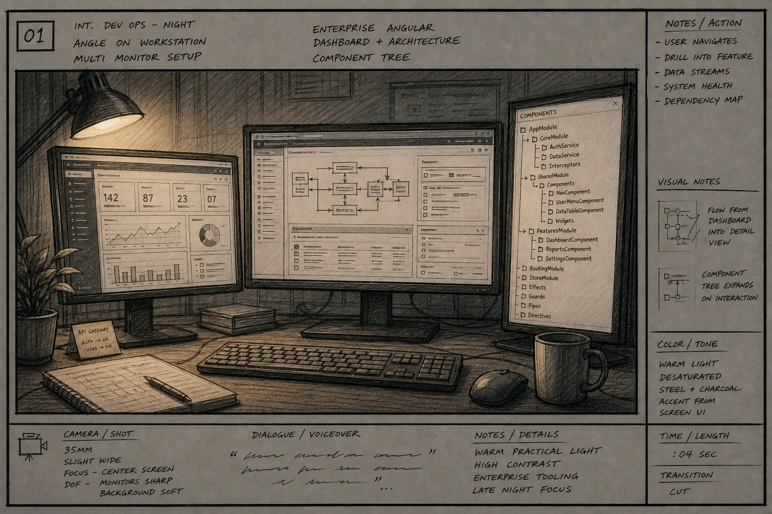 Storyboard frame of an Angular enterprise workstation, ink and tungsten light