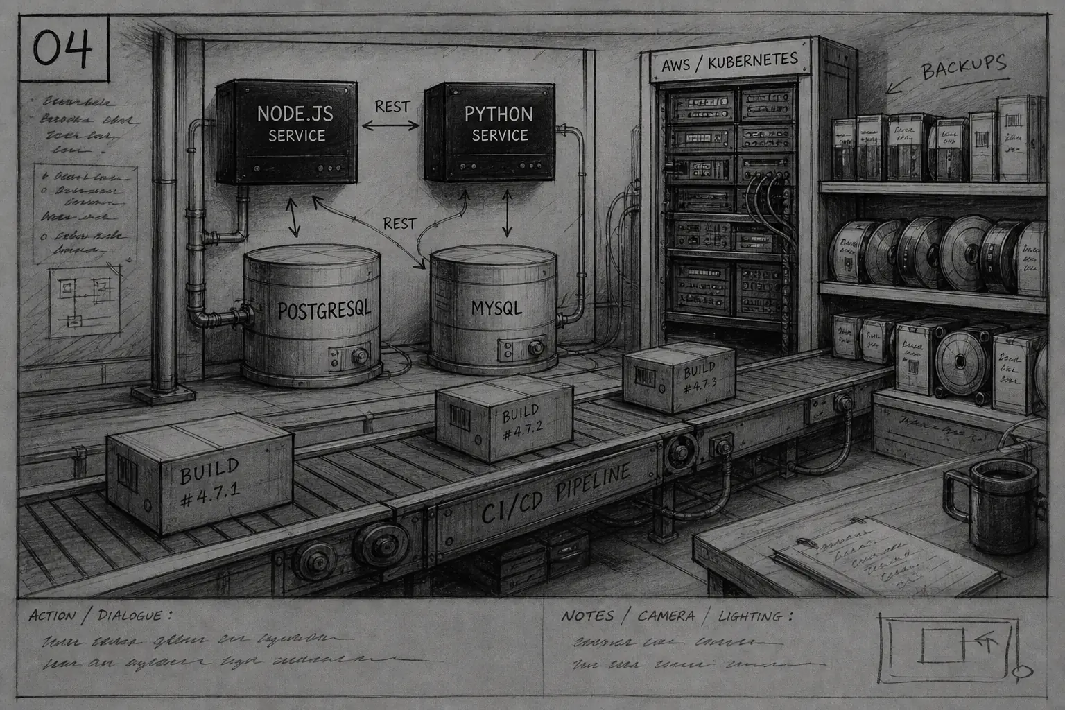 Storyboard frame of a backend engine room: services, databases, CI/CD, and backups