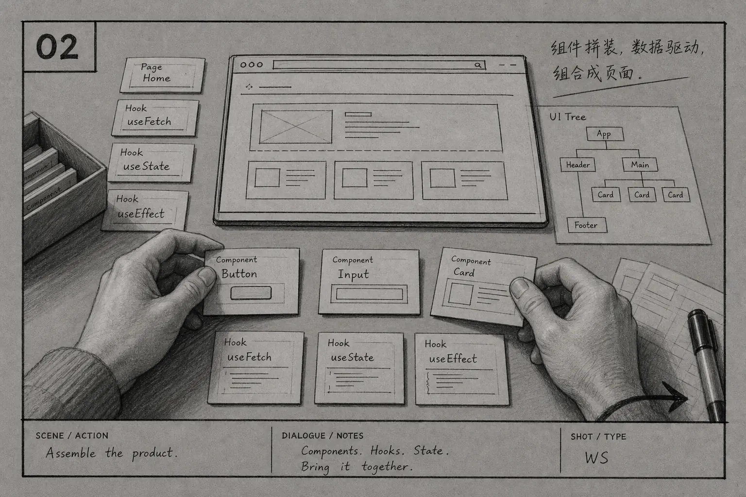 Storyboard frame of a React product being assembled as a physical kit