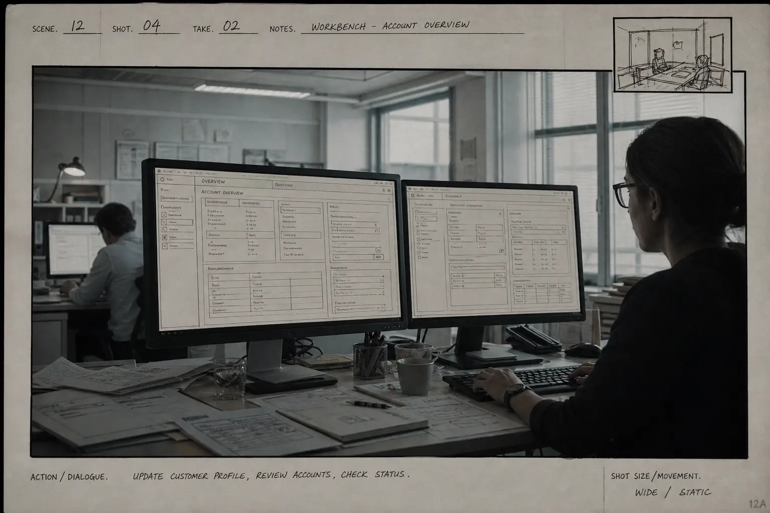 Illustrated banking platform workbench with dense forms