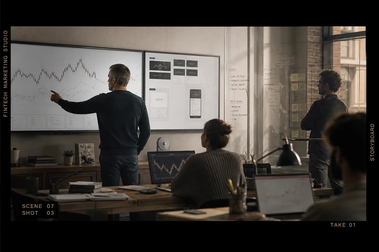 Illustrated fintech marketing studio with abstract charts