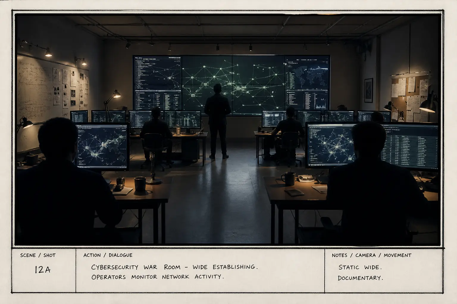 Illustrated cybersecurity product war-room, analog film lighting